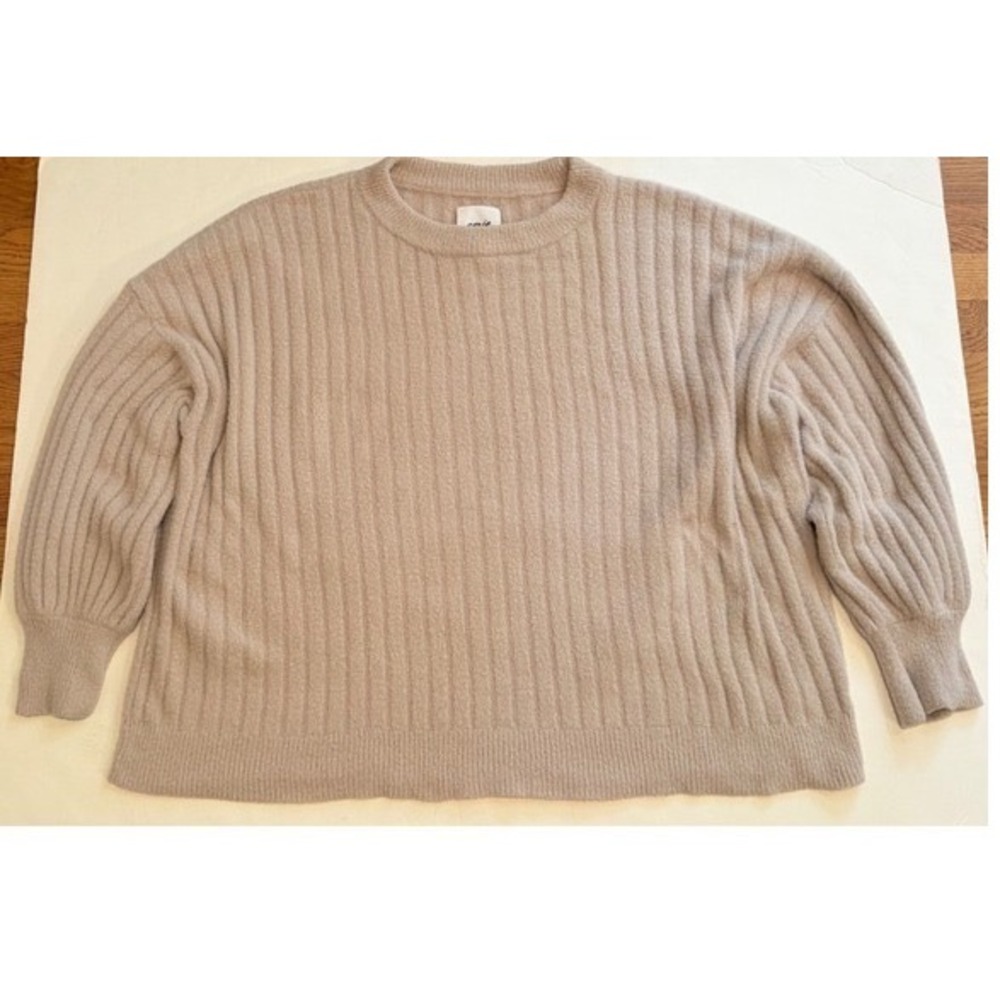 Aerie Oversized Ribbed Crewneck Sweater Taupe Fuzzy Knit Balloon Sleeve XL